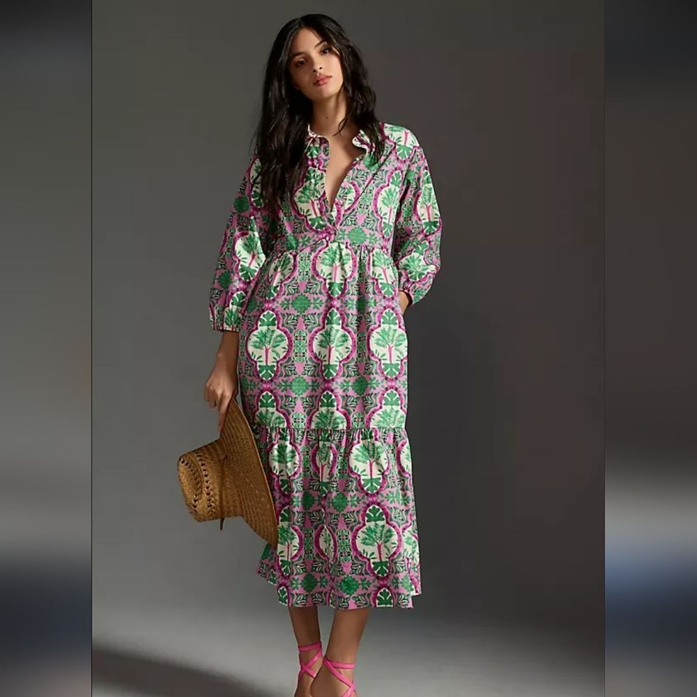 Nwot Maeve Anthropology Bettina Pink Floral Tiered Shift Dress Xs -S